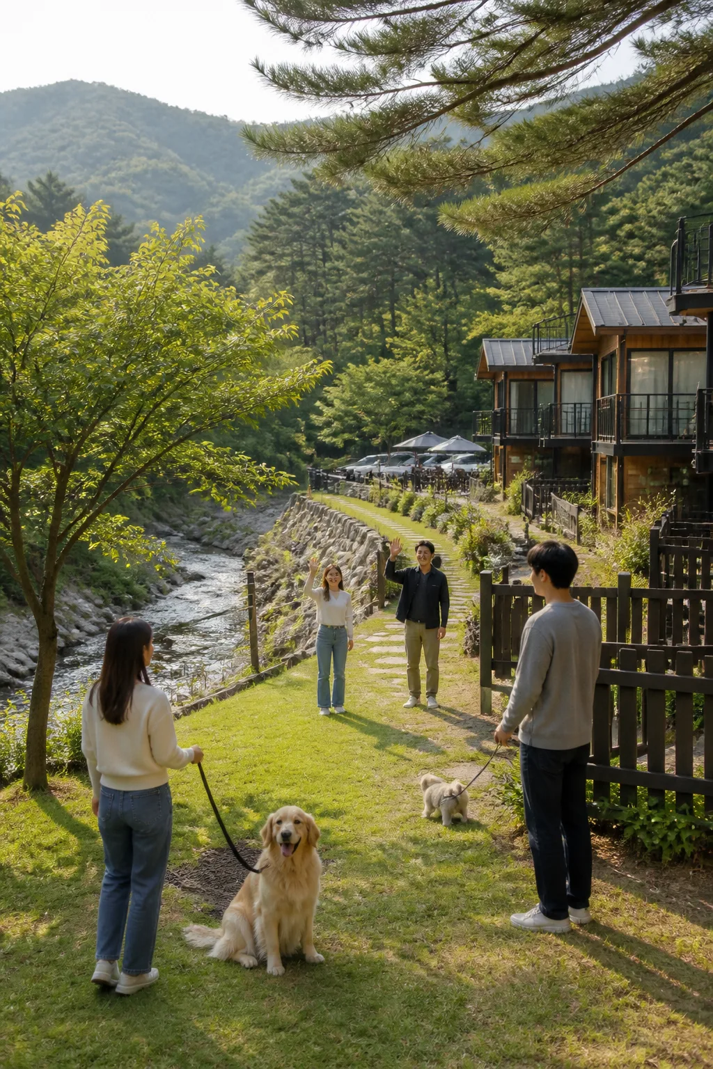 가평애견펜션 야외 공간에서 가족과 커플이 방문객과 반려견의 동선을 확인하는 모습