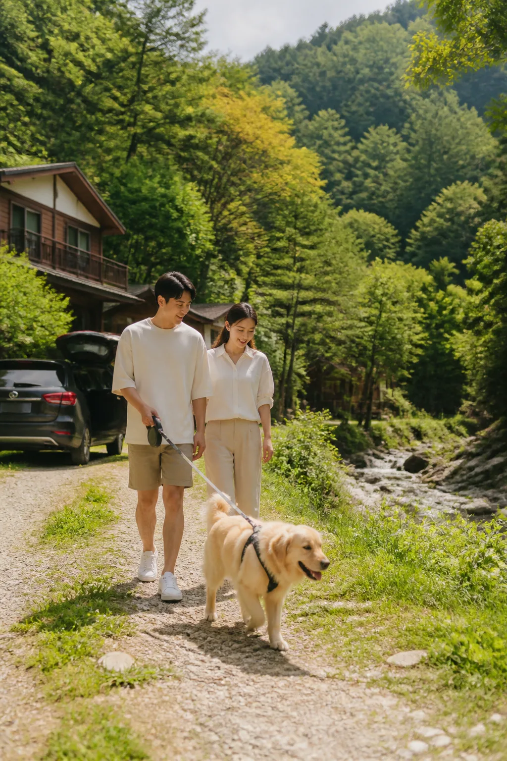 가평애견펜션 주변 숲길에서 보호자와 반려견이 안전하게 산책하는 모습