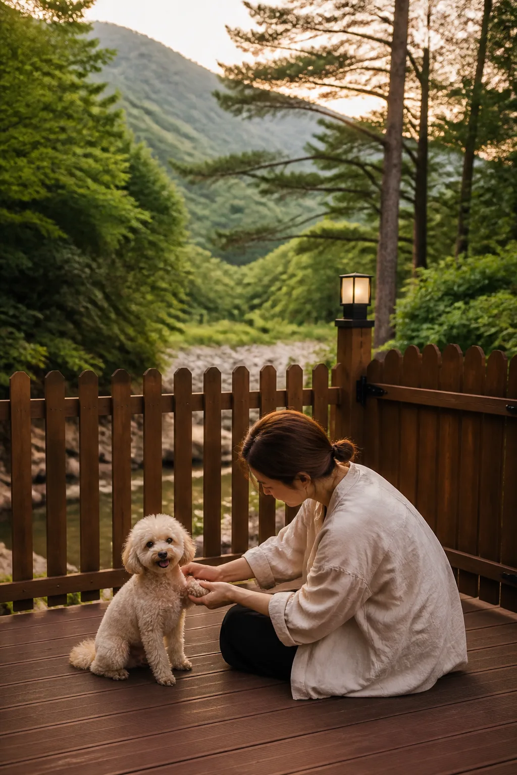 가평애견펜션 마당에서 산책 후 반려견의 발과 털을 확인하는 보호자