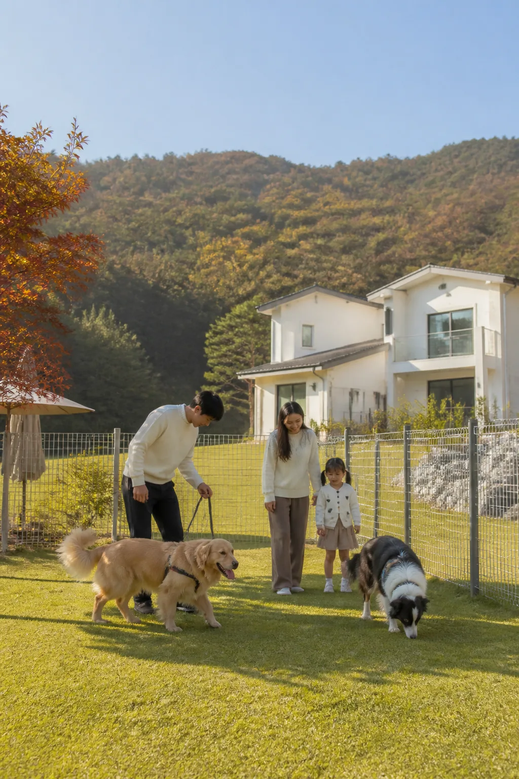 가평애견펜션 울타리 운동공간에서 보호자와 반려견이 함께 머무는 모습