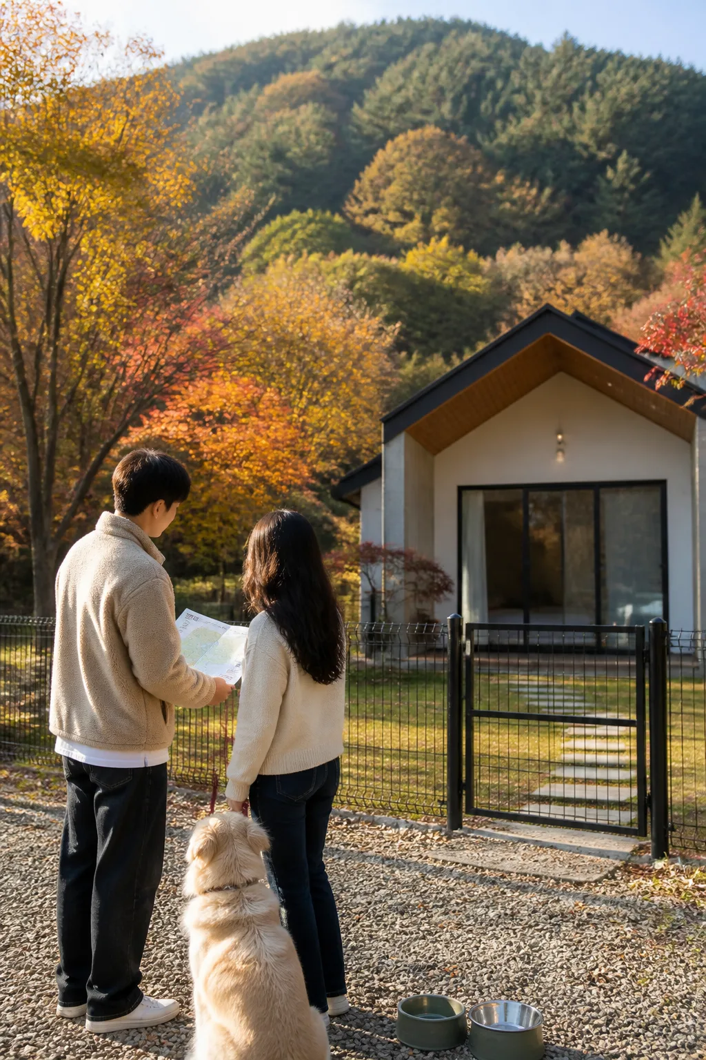 가평애견펜션 앞 울타리 운동공간에서 반려견과 여행 계획을 확인하는 보호자