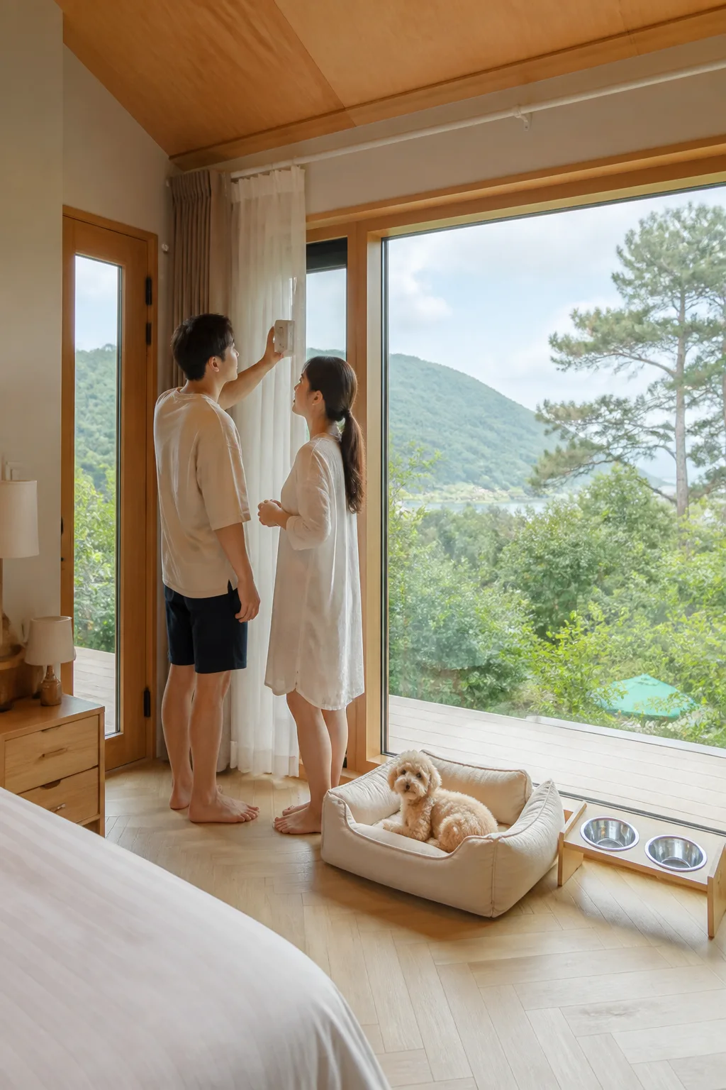 가평애견펜션 객실에서 보호자가 반려견의 실내 온도와 휴식 공간을 확인하는 모습