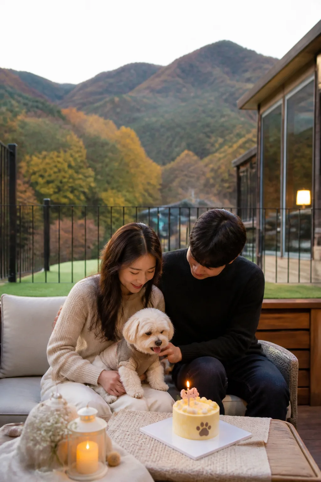 가평애견펜션 테라스에서 보호자와 반려견이 기념일 케이크를 준비하는 모습