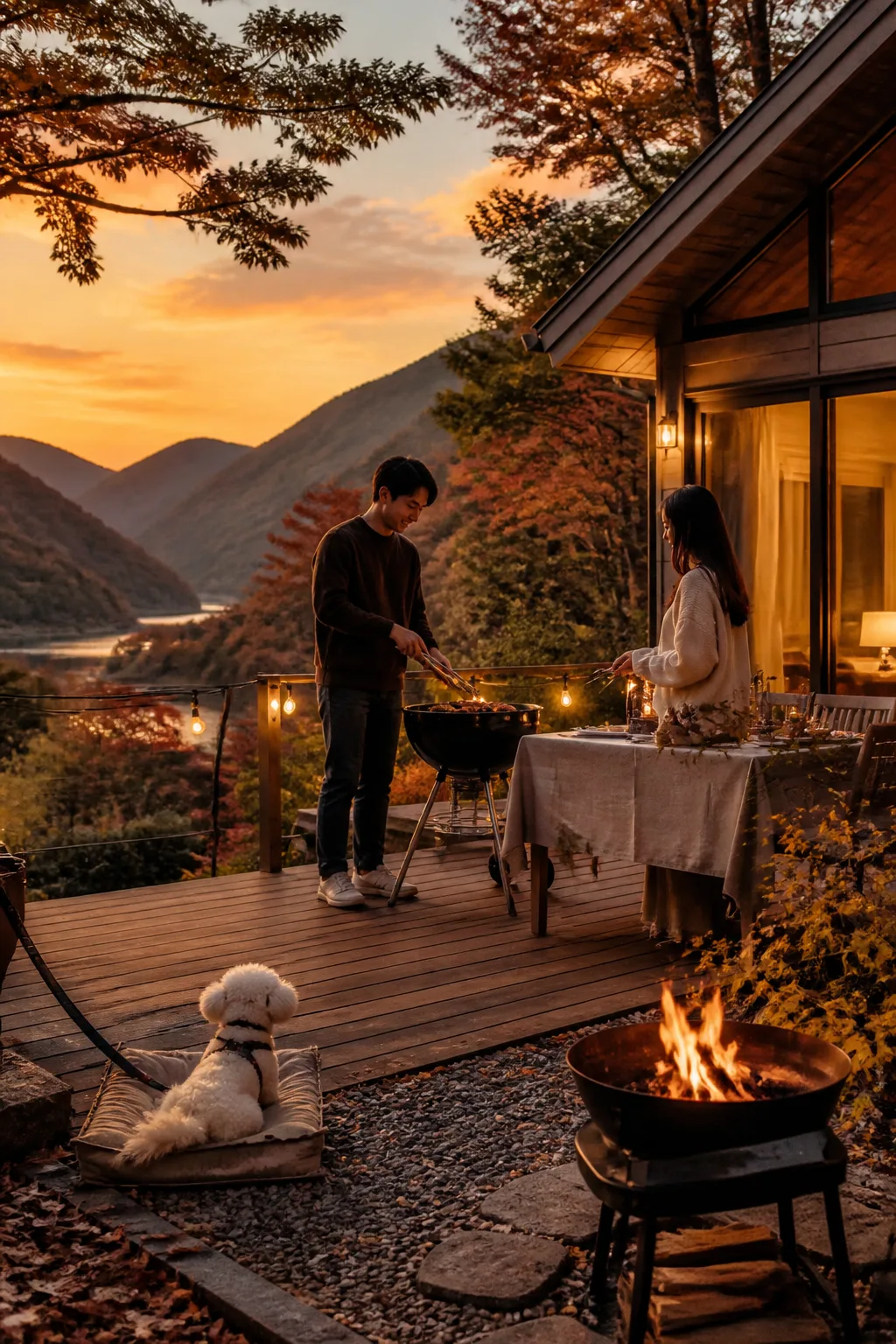 가평애견펜션 테라스에서 보호자와 반려견이 안전하게 바비큐를 즐기는 모습