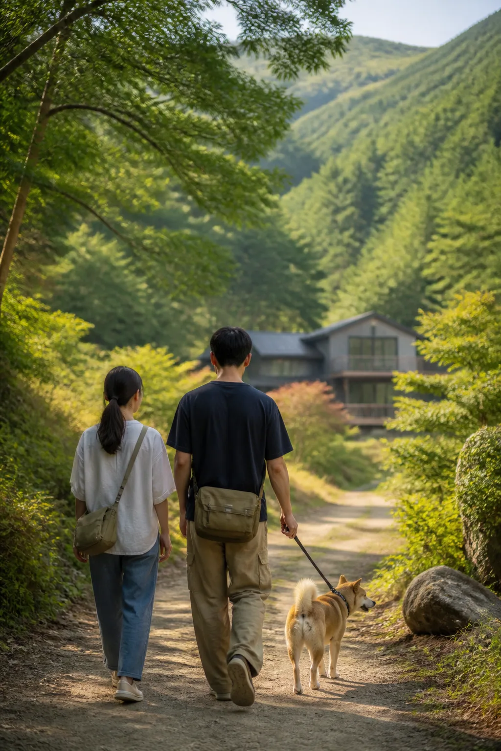 가평애견펜션 주변 산책로에서 보호자와 반려견이 함께 걷는 모습