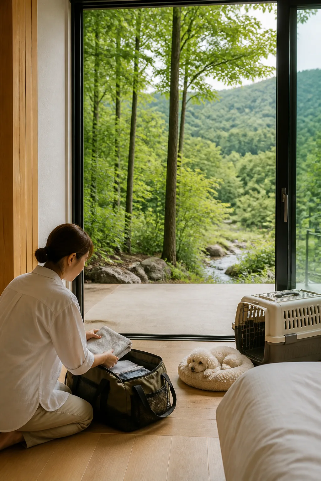 가평애견펜션 객실에서 보호자가 응급 준비물을 정리하고 반려견이 휴식하는 모습