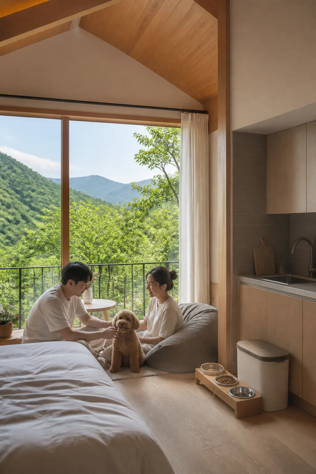가평애견펜션 객실에서 보호자와 반려견이 안전하게 쉬는 모습