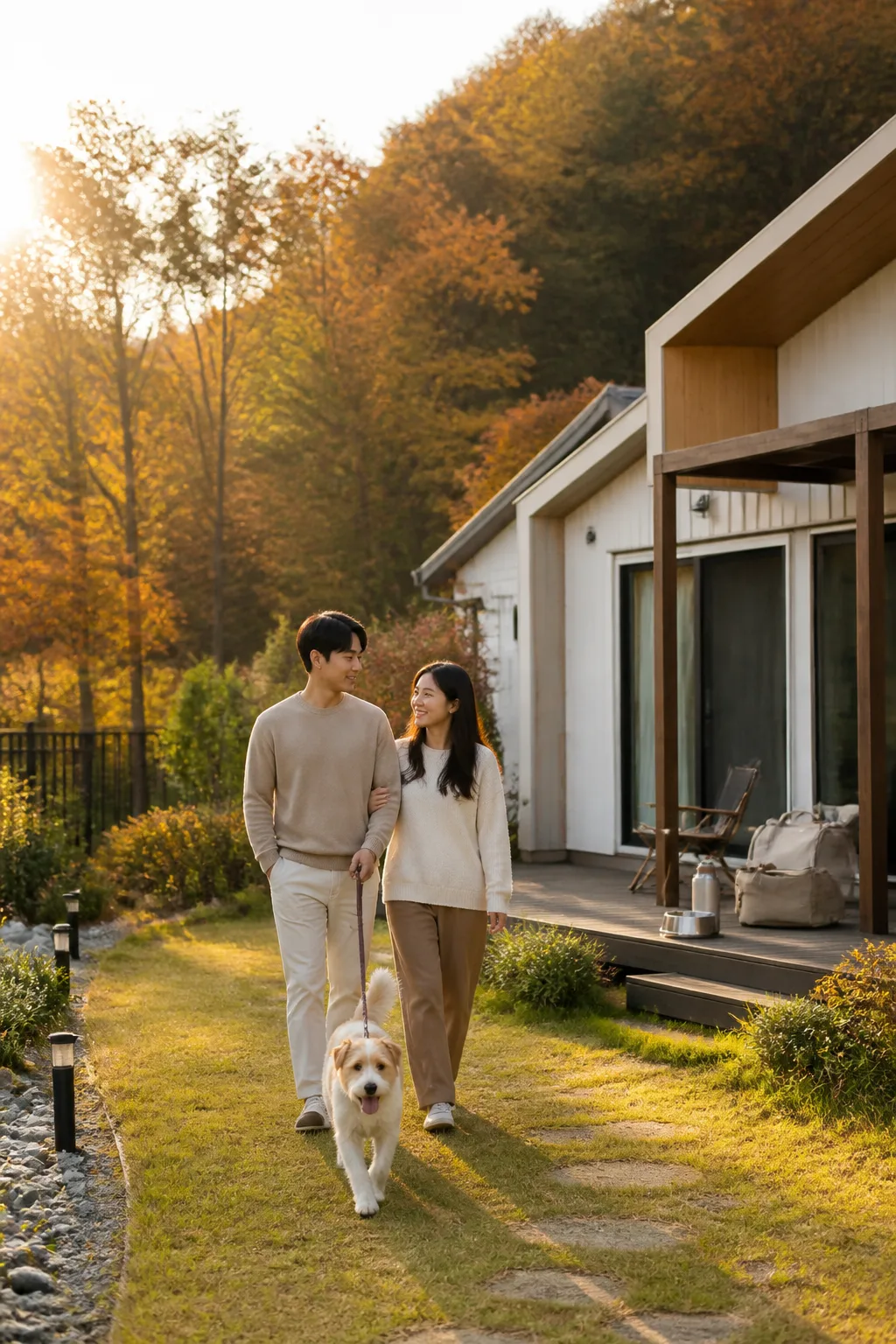 가평애견펜션 주변 산책로에서 보호자와 반려견이 여유롭게 걷는 체류형 여행 장면