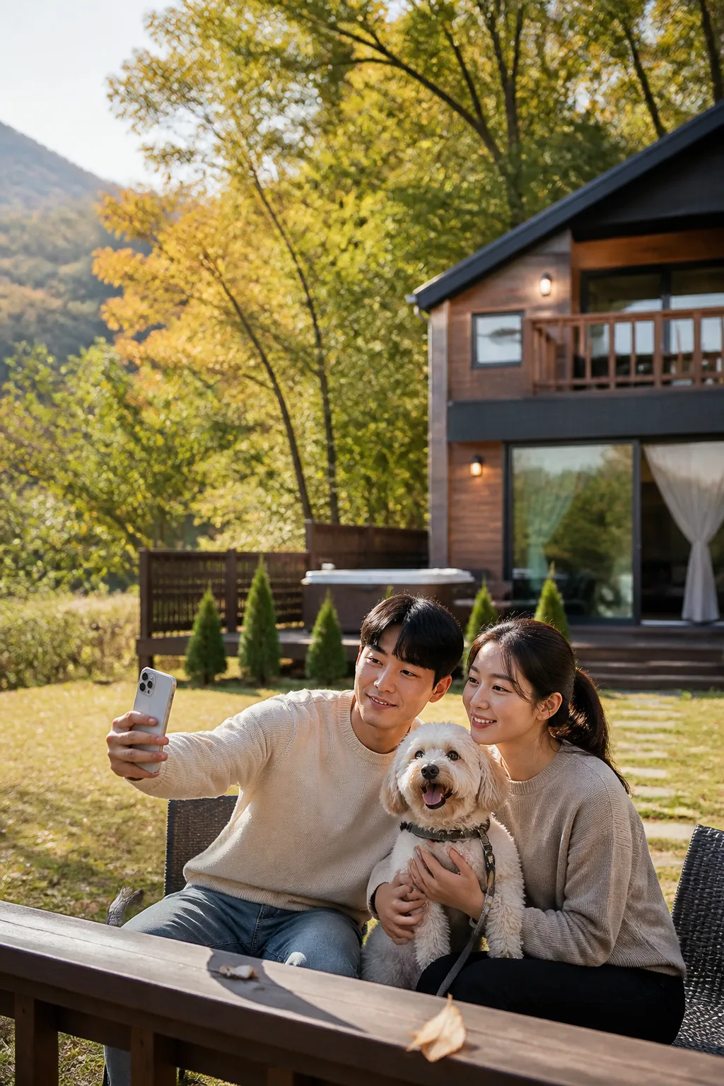 가평애견펜션 테라스에서 보호자가 반려견 사진을 촬영하는 자연스러운 여행 모습