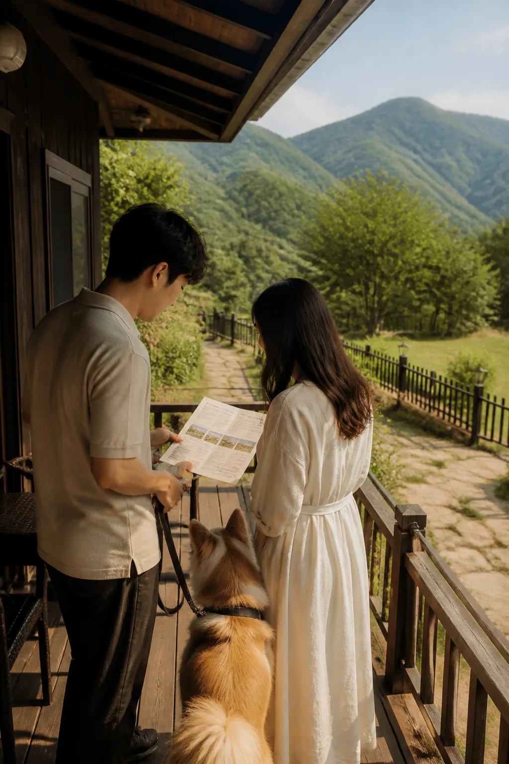 가평애견펜션 테라스에서 보호자와 반려견이 숙소 안전 조건을 확인하는 모습