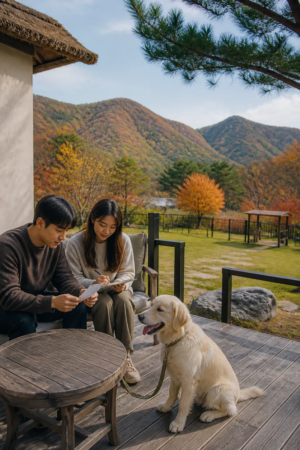 가평애견펜션 테라스에서 반려견과 여행 비용과 숙소 이용 조건을 확인하는 모습