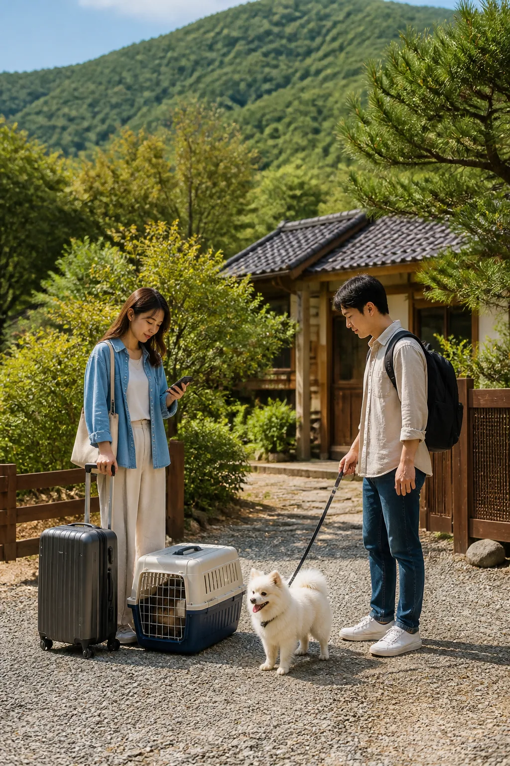 가평애견펜션 체크인 전 보호자가 반려견과 함께 예약 정보와 이용 조건을 확인하는 모습