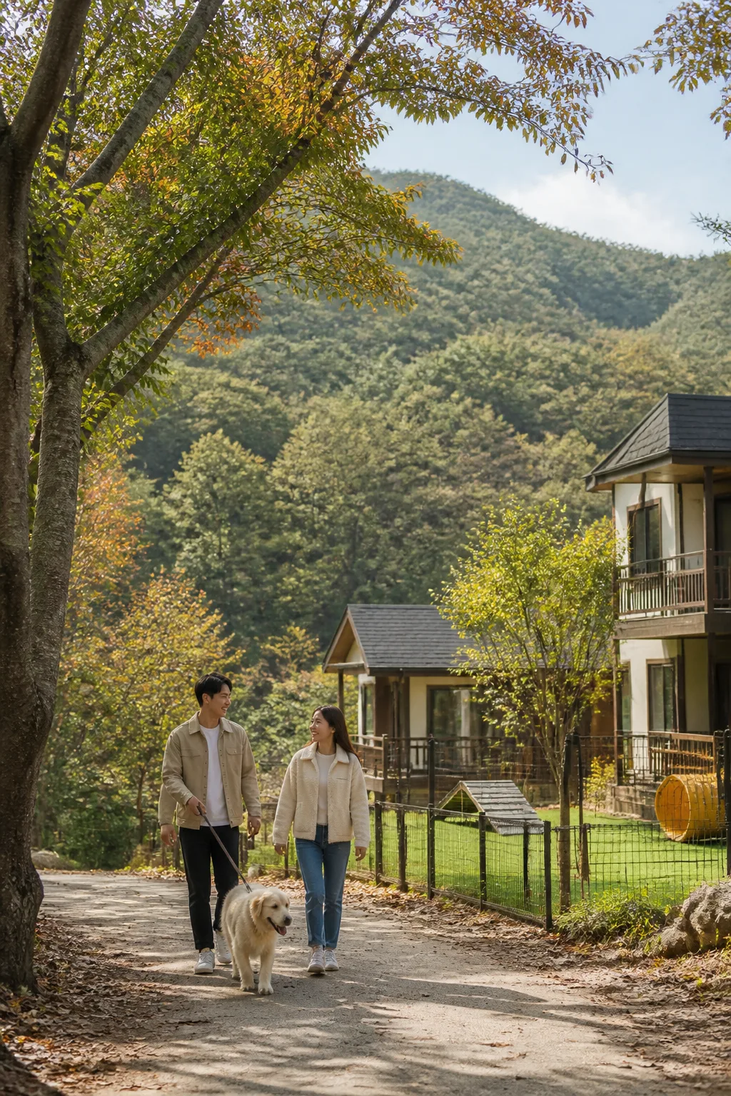 가평애견펜션을 거점으로 반려견과 산책하는 보호자 커플과 자연 풍경