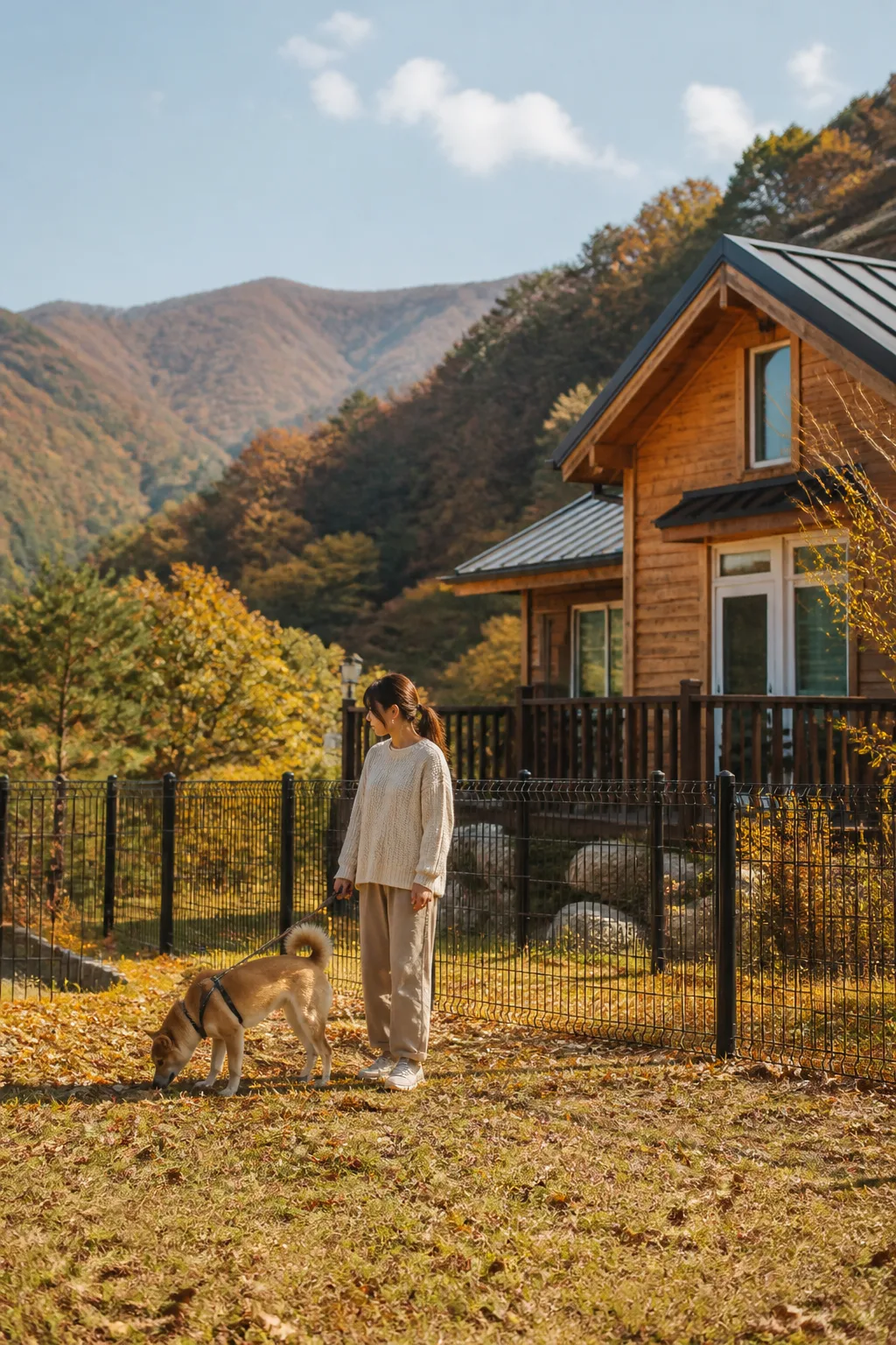 가평애견펜션 야외 마당에서 보호자가 반려견과 산책로와 식물 주변을 안전하게 확인하는 모습