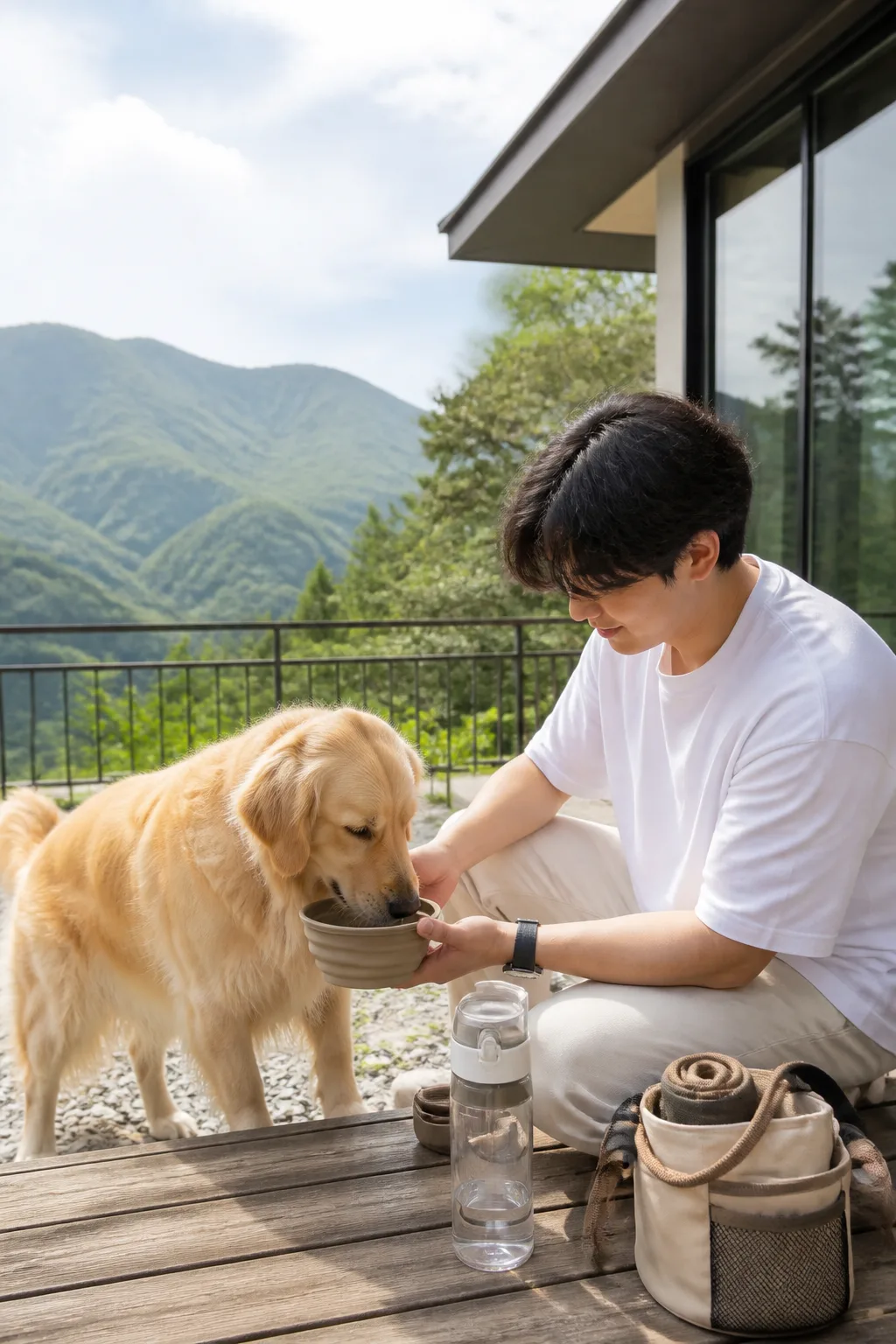 가평애견펜션 테라스에서 보호자가 반려견에게 물을 주며 쉬는 모습
